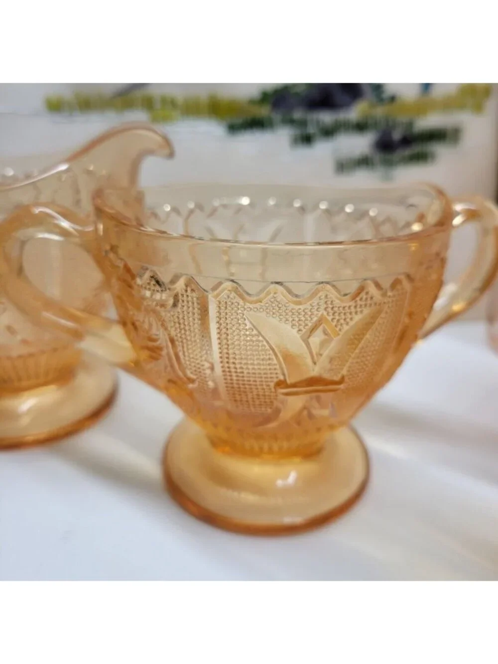 Westmoreland Glass Princess Feather Amber Golden Sunset Sugar Bowl & Creamer Set